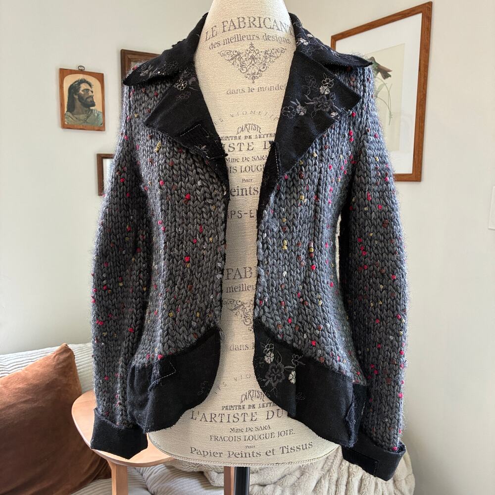 Wool Speckled Knit Embroidered Grey Lagenlook Cardigan Sweater Sz M Cottagecore